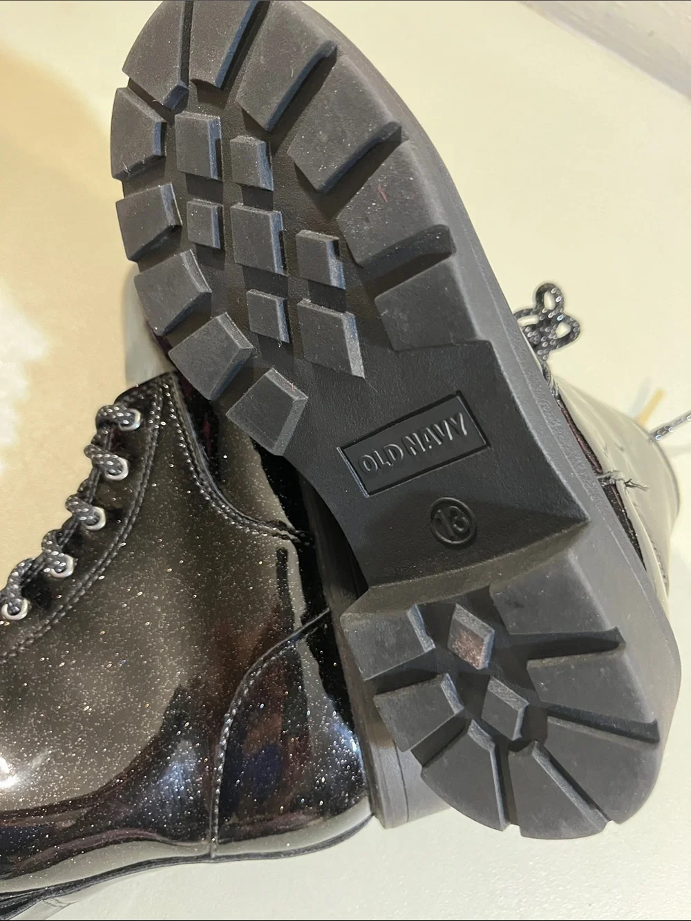 Old Navy Black Patent Lace-Up Kids Boots with Glitter Laces